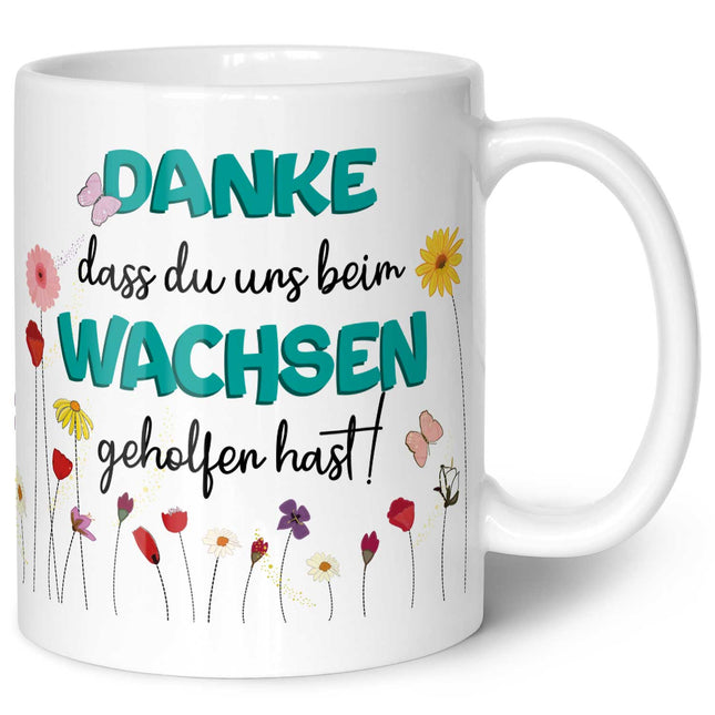 SEO. Bedruckte Tasse mit Spruch - "Danke dass du uns beim Wachsen geholfen hast" - Blumen Blau - Weiß Linkreich