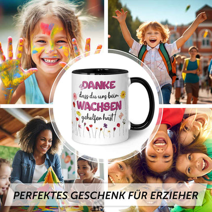 SEO. Bedruckte Tasse mit Spruch - "Danke dass du uns beim Wachsen geholfen hast" - Blumen Rosa - Schwarz & Weiß Linkreich