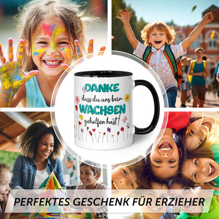 SEO. Bedruckte Tasse mit Spruch - "Danke dass du uns beim Wachsen geholfen hast" - Blumen Blau - Schwarz & Weiß Linkreich