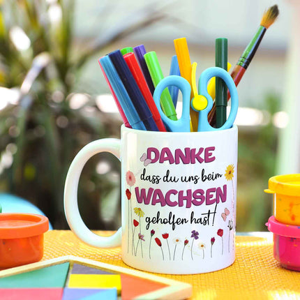 SEO. Bedruckte Tasse mit Spruch - "Danke dass du uns beim Wachsen geholfen hast" - Blumen Rosa - Weiß Linkreich