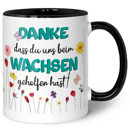 SEO. Bedruckte Tasse mit Spruch - "Danke dass du uns beim Wachsen geholfen hast" - Blumen Blau - Schwarz & Weiß Linkreich