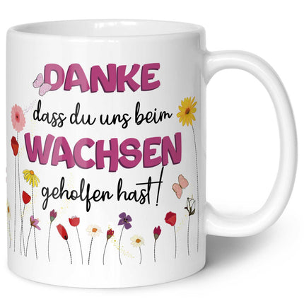 SEO. Bedruckte Tasse mit Spruch - "Danke dass du uns beim Wachsen geholfen hast" - Blumen Rosa - Schwarz & Weiß Linkreich