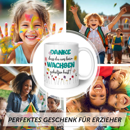 SEO. Bedruckte Tasse mit Spruch - "Danke dass du uns beim Wachsen geholfen hast" - Blumen Blau - Weiß Linkreich