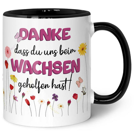 SEO. Bedruckte Tasse mit Spruch - "Danke dass du uns beim Wachsen geholfen hast" - Blumen Rosa - Schwarz & Weiß Linkreich