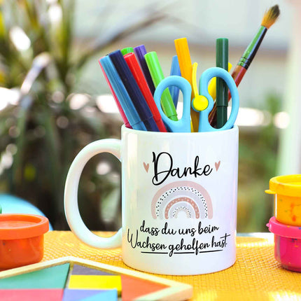 SEO. Bedruckte Tasse mit Spruch - "Danke dass du uns beim Wachsen geholfen hast" V2 - Regenbogen Rosa - Weiß Linkreich