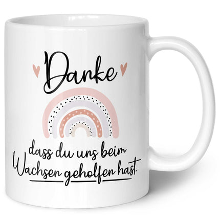 SEO. Bedruckte Tasse mit Spruch - "Danke dass du uns beim Wachsen geholfen hast" V2 - Regenbogen Rosa - Weiß Linkreich