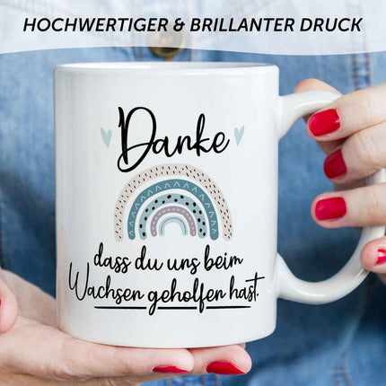 SEO. Bedruckte Tasse mit Spruch - "Danke dass du uns beim Wachsen geholfen hast" V2 - Regenbogen Blau - Weiß Linkreich