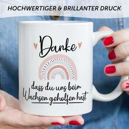 SEO. Bedruckte Tasse mit Spruch - "Danke dass du uns beim Wachsen geholfen hast" V2 - Regenbogen Rosa - Weiß Linkreich