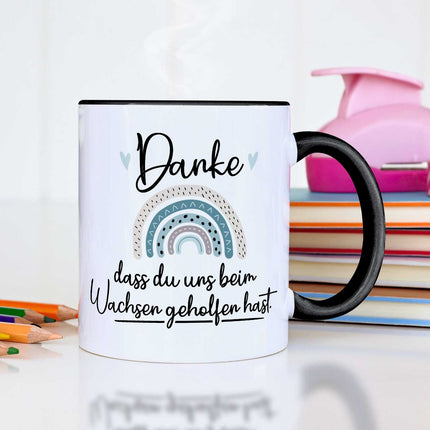 SEO. Bedruckte Tasse mit Spruch - "Danke dass du uns beim Wachsen geholfen hast" V2 - Regenbogen Blau - Weiß Linkreich