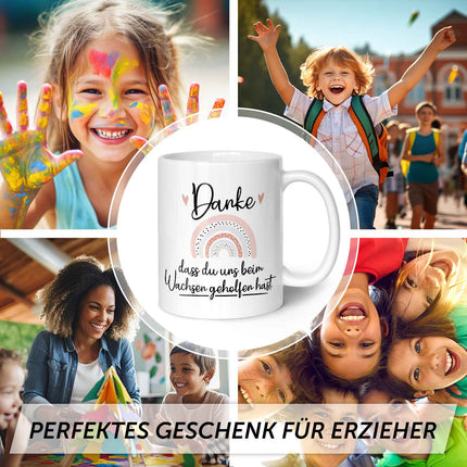 SEO. Bedruckte Tasse mit Spruch - "Danke dass du uns beim Wachsen geholfen hast" V2 - Regenbogen Rosa - Weiß Linkreich