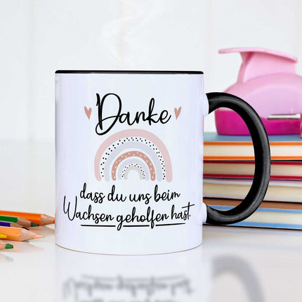 SEO. Bedruckte Tasse mit Spruch - "Danke dass du uns beim Wachsen geholfen hast" V2 - Regenbogen Rosa - Schwarz & Weiß Linkreich