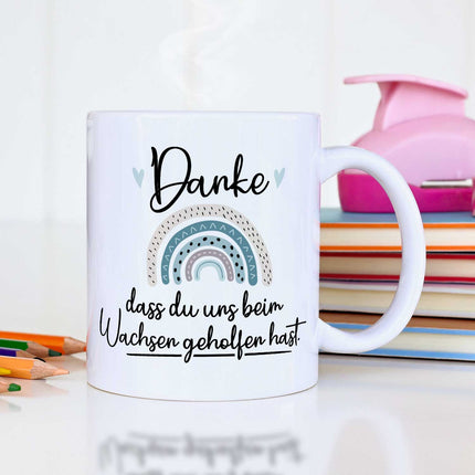 SEO. Bedruckte Tasse mit Spruch - "Danke dass du uns beim Wachsen geholfen hast" V2 - Regenbogen Blau - Weiß Linkreich