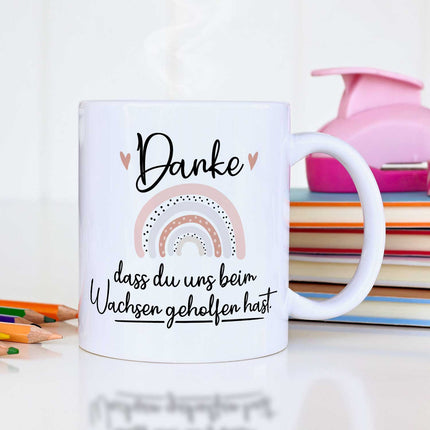 SEO. Bedruckte Tasse mit Spruch - "Danke dass du uns beim Wachsen geholfen hast" V2 - Regenbogen Rosa - Weiß Linkreich