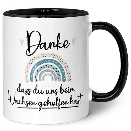 SEO. Bedruckte Tasse mit Spruch - "Danke dass du uns beim Wachsen geholfen hast" V2 - Regenbogen Blau - Schwarz & Weiß Linkreich