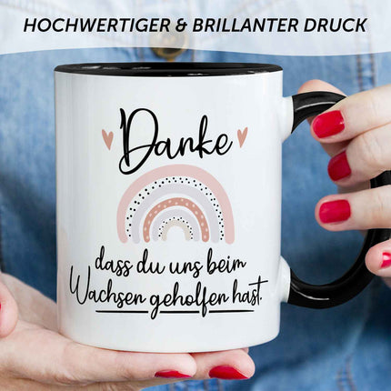 SEO. Bedruckte Tasse mit Spruch - "Danke dass du uns beim Wachsen geholfen hast" V2 - Regenbogen Rosa - Schwarz & Weiß Linkreich