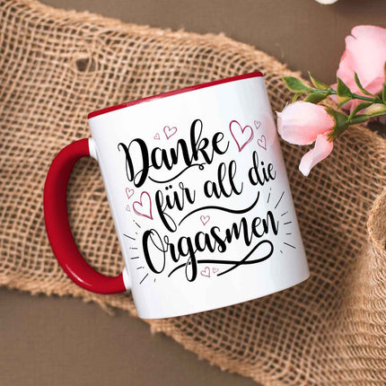 SEO. Bedruckte Tasse mit Spruch - Danke für all die Orgasmen - Rot Linkreich