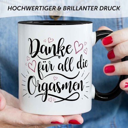 SEO. Bedruckte Tasse mit Spruch - Danke für all die Orgasmen - Schwarz & Weiß Linkreich