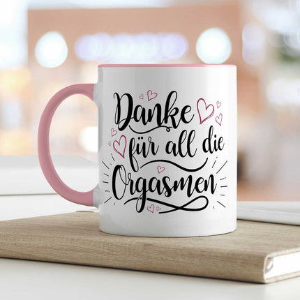 SEO. Bedruckte Tasse mit Spruch - Danke für all die Orgasmen - Rosa Linkreich