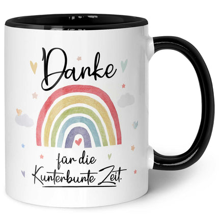 SEO. Bedruckte Tasse mit Spruch "Danke für die Kunterbunte Zeit" - Regenbogen - Schwarz & Weiß Linkreich
