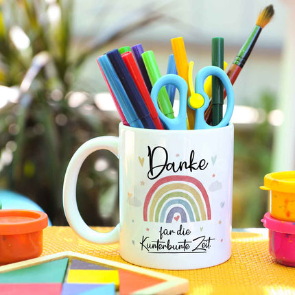 SEO. Bedruckte Tasse mit Spruch "Danke für die Kunterbunte Zeit" - Regenbogen - Weiß Linkreich