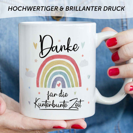 SEO. Bedruckte Tasse mit Spruch "Danke für die Kunterbunte Zeit" - Regenbogen - Weiß Linkreich