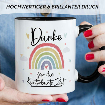 SEO. Bedruckte Tasse mit Spruch "Danke für die Kunterbunte Zeit" - Regenbogen - Schwarz & Weiß Linkreich