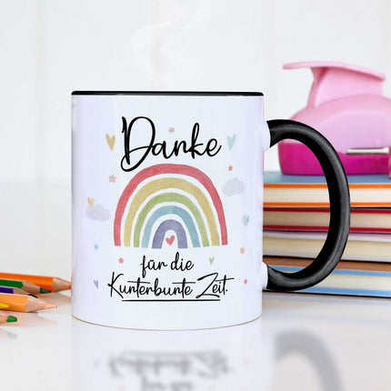 SEO. Bedruckte Tasse mit Spruch "Danke für die Kunterbunte Zeit" - Regenbogen - Schwarz & Weiß Linkreich