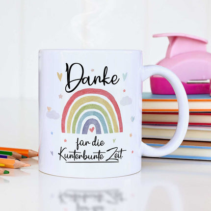 SEO. Bedruckte Tasse mit Spruch "Danke für die Kunterbunte Zeit" - Regenbogen - Weiß Linkreich