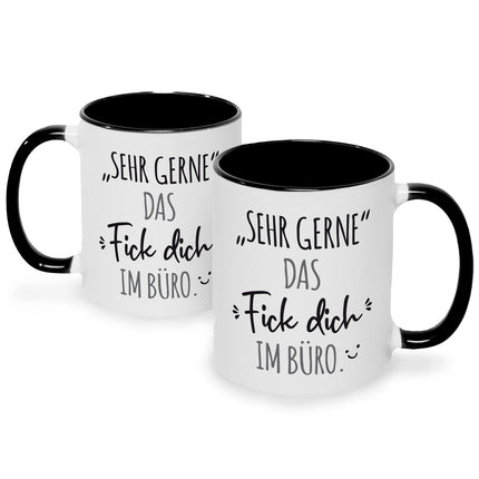 SEO. Bedruckte Tasse mit Spruch Das Fick dich im Büro - Schwarz & Weiß Linkreich