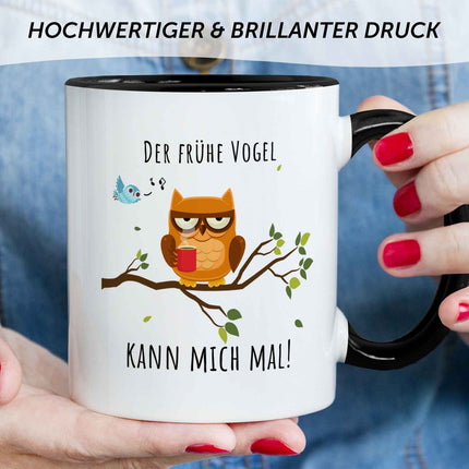 SEO. Bedruckte Tasse mit Spruch Der frühe Vogel kann mich mal! - Schwarz & Weiß Linkreich