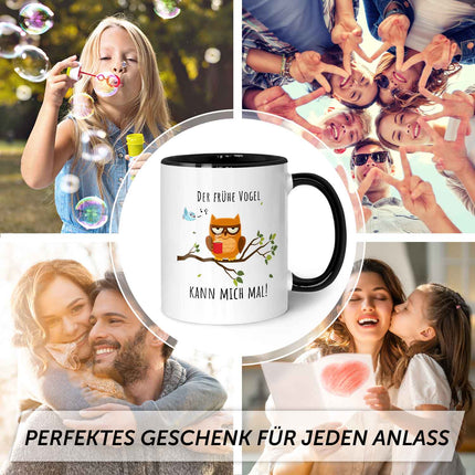 SEO. Bedruckte Tasse mit Spruch Der frühe Vogel kann mich mal! - Schwarz & Weiß Linkreich