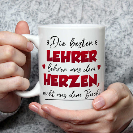 SEO. Bedruckte Tasse mit Spruch Die besten Lehrer lehren aus dem Herzen - Weiß Linkreich
