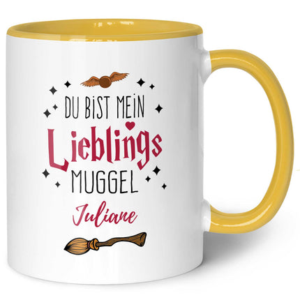 SEO. Bedruckte Tasse mit Spruch - Du bist mein Lieblingsmuggel mit Namen - Gelb Linkreich