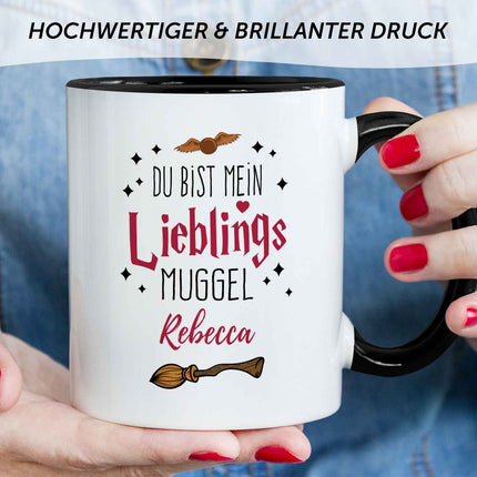 SEO. Bedruckte Tasse mit Spruch - Du bist mein Lieblingsmuggel mit Namen - Schwarz & Weiß Linkreich