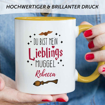 SEO. Bedruckte Tasse mit Spruch - Du bist mein Lieblingsmuggel mit Namen - Gelb Linkreich