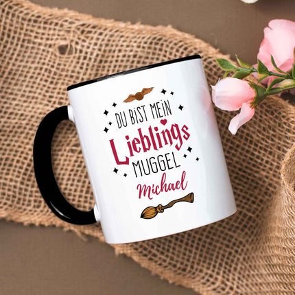 SEO. Bedruckte Tasse mit Spruch - Du bist mein Lieblingsmuggel mit Namen - Schwarz & Weiß Linkreich