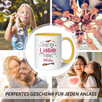 SEO. Bedruckte Tasse mit Spruch - Du bist mein Lieblingsmuggel mit Namen - Gelb Linkreich