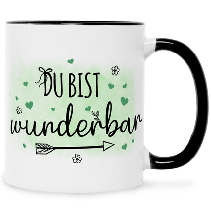 SEO. Bedruckte Tasse mit Spruch Du bist wunderbar - Schwarz & Weiß Linkreich