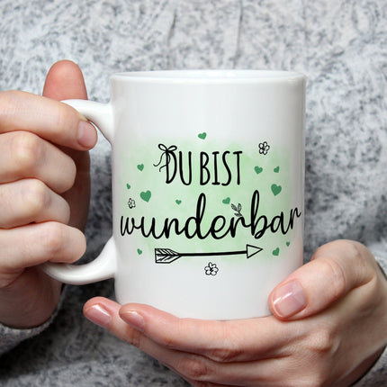 SEO. Bedruckte Tasse mit Spruch Du bist wunderbar - Weiß Linkreich