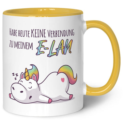 SEO. Bedruckte Tasse mit Spruch E - Lan - Gelb Linkreich