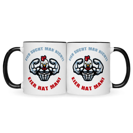 SEO. Bedruckte Tasse mit Spruch Eier hat man! - Schwarz & Weiß Linkreich