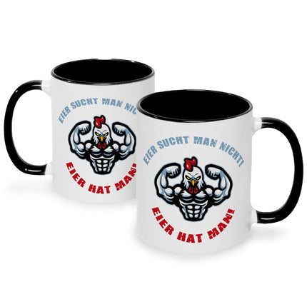 SEO. Bedruckte Tasse mit Spruch Eier hat man! - Schwarz & Weiß Linkreich