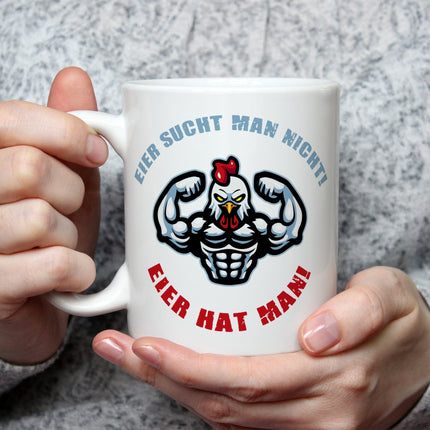 SEO. Bedruckte Tasse mit Spruch Eier hat man! - Weiß Linkreich