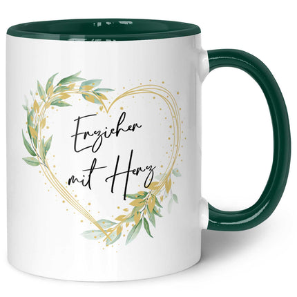 SEO. Bedruckte Tasse mit Spruch - Erzieher mit Herz - Dunkelgrün Linkreich