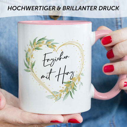 SEO. Bedruckte Tasse mit Spruch - Erzieher mit Herz - Rot Linkreich