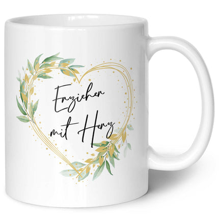 SEO. Bedruckte Tasse mit Spruch - Erzieher mit Herz - Weiß Linkreich