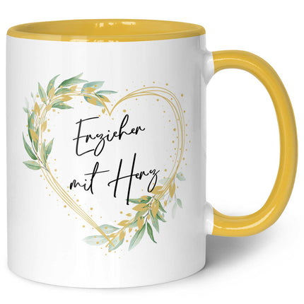 SEO. Bedruckte Tasse mit Spruch - Erzieher mit Herz - Gelb Linkreich