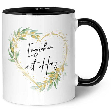 SEO. Bedruckte Tasse mit Spruch - Erzieher mit Herz - Schwarz & Weiß Linkreich