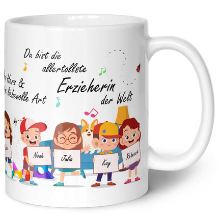 SEO. Bedruckte Tasse mit Spruch Erzieher/in Abschied mit Schildern für bis zu 10 Namen - Weiß Linkreich