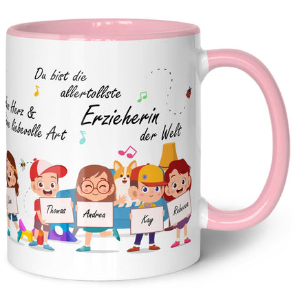 SEO. Bedruckte Tasse mit Spruch Erzieher/in Abschied mit Schildern für bis zu 10 Namen - Rot Linkreich